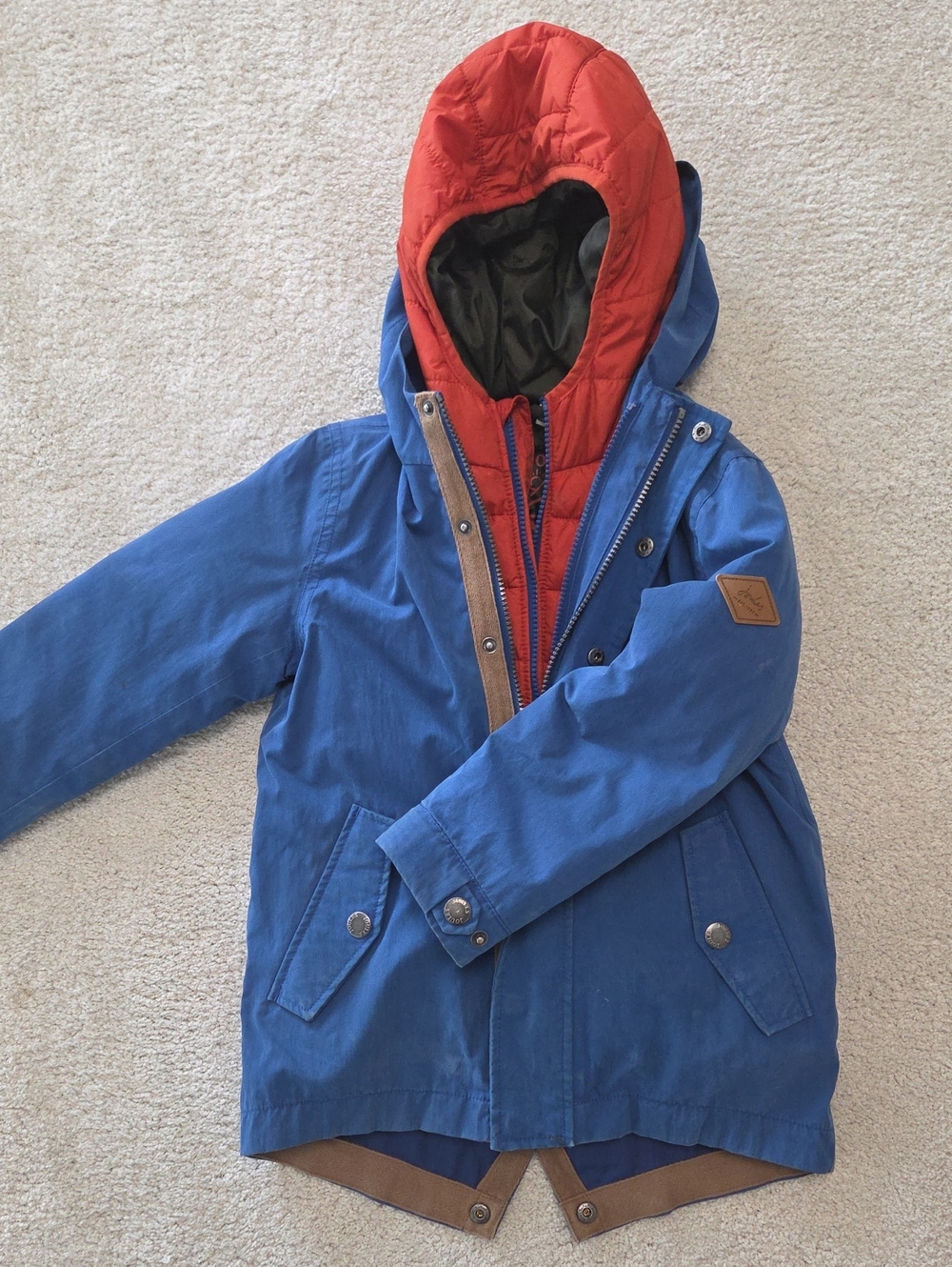 Kids 2 In 1 Coat- Blue Rain Shell With Orange Hooded Puffer Winter Jacket